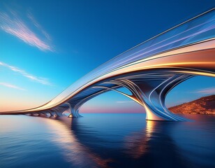 Wall Mural - futuristic bridge with sleek curved lines glowing against a vibrant blue sky lowangle view emphasizi