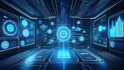 Wall Mural - futuristic data visualization holographic screens display intricate flowcharts aipowered automation 