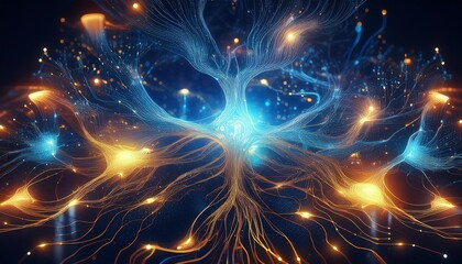 Wall Mural - futuristic neural network visualization glowing synapses ai chip integration holographic interface