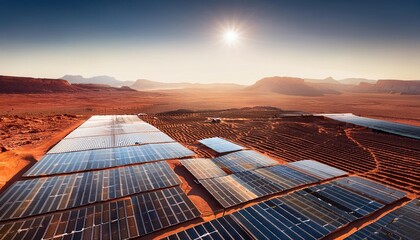 Wall Mural - futuristic solar farm on mars sleek panels morphing to follow sun terraformed landscape with earthli
