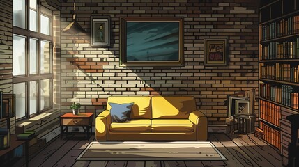 Sticker - Cozy Living Room with Sunlight and Brick Walls