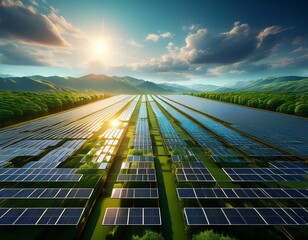 Wall Mural - futuristic solar farm sleek panel arrays drone perspective sustainable technology vibrant green land