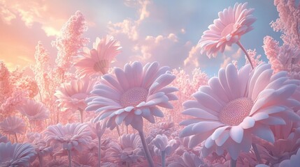 Wall Mural - surreal garden of oversized daisies pastel pink dimension dreamlike ambiance