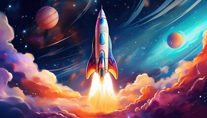 Wall Mural - futuristic space rocket soaring through vibrant clouds sleek design with glowing engines against a backdrop of swirling cosmic nebulae and distant stars