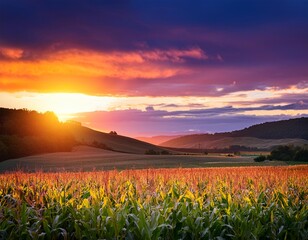 Wall Mural - golden hour over cornfield sun sets behind rolling hills casting warm light on swaying stalks dramat