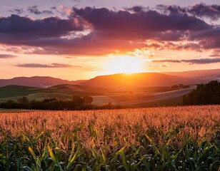 Wall Mural - golden hour over cornfield sun sets behind rolling hills casting warm light on swaying stalks dramat