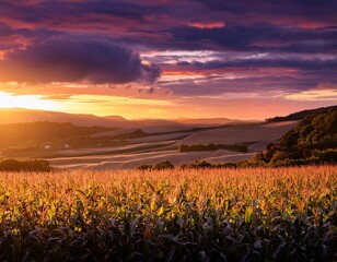 Wall Mural - golden hour over cornfield sun sets behind rolling hills casting warm light on swaying stalks dramat