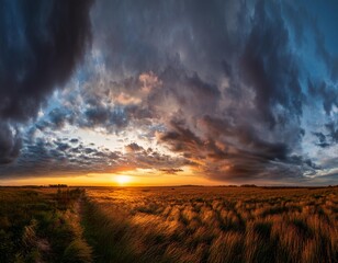 Wall Mural - gorgeous panorama view of the dark overcast sky. dramatic vibrant morning scene at sunrise .