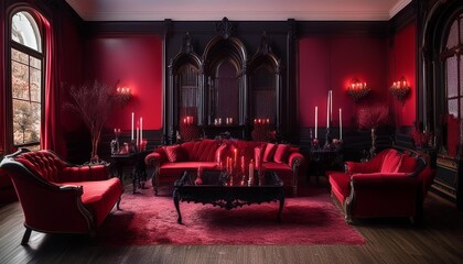 gothic vampire lair ornate victorian living room deep crimson and black color scheme flickering candlelight eerie halloween ambiance antique furniture