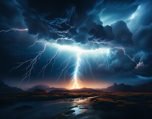 Wall Mural - intense electric arc illuminates stormy night sky jagged bolt striking inky darkness dramatic contrast of light and shadow