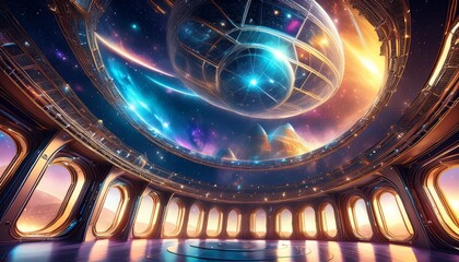 Wall Mural - interdimensional space station with crystalline domes swirling nebula energies flowing through struc
