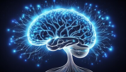 Wall Mural - intricate network of glowing neurons forming a human brain shape pulsing with electric blue energy a