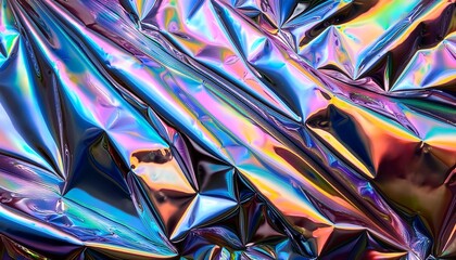 iridescent holographic background with crumpled chrome texture shimmering silver surface with rainbow prism effect retro 80s cyberpunk aesthetic meets modern vaporwave style