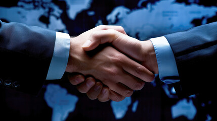 Two businessmen shake hands in front of a background with a world map. The handshake is a symbol of agreement and partnership. Business concept.