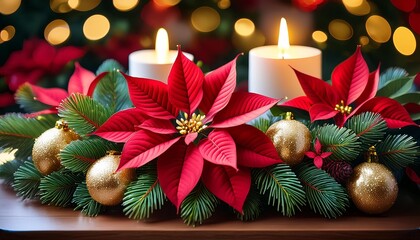 Wall Mural - lush christmas wreath with deep red poinsettias pine branches golden ornaments soft bokeh background warm candlelight glow festive elegance closeup detail