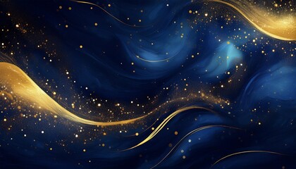 Wall Mural - luxurious abstract background blending deep navy blue with shimmering gold particles creating a festive and elegant atmosphere reminiscent of a starry night