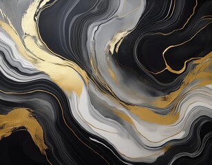 Wall Mural - luxurious abstract painting with swirling black and gray marble textures gold leaf accents adding opulent highlights elegant and moody composition suitable for highend decor