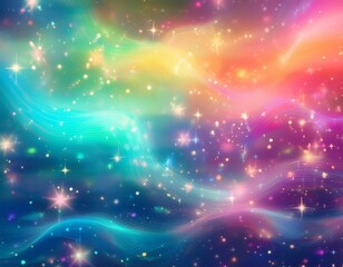 Wall Mural - Magic glowing background with rainbow mesh. Fantasy unicorn gradient backdrop with fairy sparkles, blurs, glittering lights and stars.