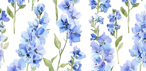 Wall Mural - Watercolor seamless pattern with blue flowers and green leaves.