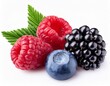 © Nicolas - Mix of Berries isolated. Fresh Blueberry, blackberry, Currant berry, raspberry with leaves on white background. Wild berries for smoothie close up