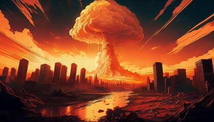 Wall Mural - postapocalyptic cityscape engulfed in mushroom cloud shattered skyscrapers intense orange glow ashfi