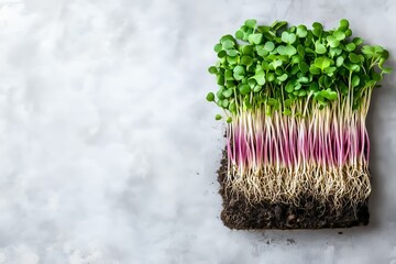 Wall Mural - The micro green sprouts of mustard are surrounded by a gray background in this eco vegan healthy lifestyle bio banner.