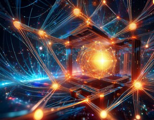 Wall Mural - quantum computer core visualized as a cosmic web of entangled particles data streams flow through cr