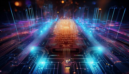 Wall Mural - quantum entangled particles forming complex 3d circuit patterns in a holographic microchip display