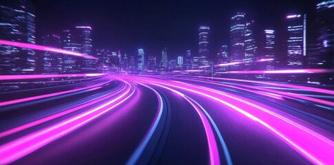 Wall Mural - A rendering of an abstract highway through digital binary towers in the city. Big data concept, stock market, hyperloop, virtual reality, high speed network, machine learning.