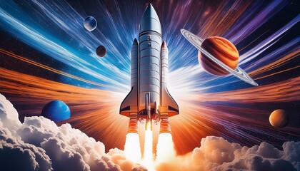Wall Mural - retrofuturistic space rocket launching through colorful nebula 1950s scifi art style with bold satur
