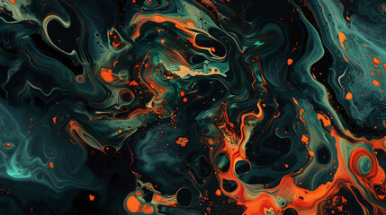 Aufkleber - Vibrant abstract painting with green and orange blend on a black backdrop, creating a dynamic effect