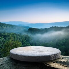 serene nature podium scene flat stone platform on rocky cliff lush green forest background misty blue horizon soft ambient lighting