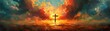 © AlexCaelus - Stunning sunset behind a solitary cross, symbolizing faith and hope. Vibrant sky merging hues of orange, blue, and yellow, embracing spirituality.