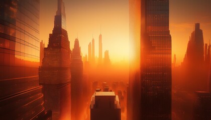 Wall Mural - shimmering cityscape at golden hour sunkissed skyscrapers bathed in warm light dreamy bokeh effect h