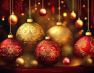 Wall Mural - shimmering gold and red christmas ornaments on festive background holiday decoration digital illustration