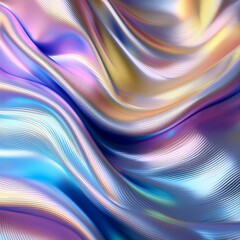 Wall Mural - shimmering holographic background with undulating waves of pastel violet blue and yellow creating an iridescent abstract pattern