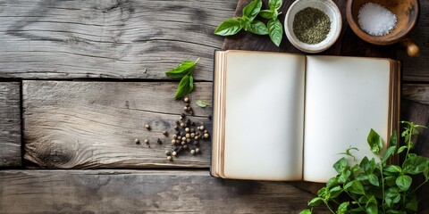 Wall Mural - A rustic setting with an open cookbook on a wooden table, surrounded by fresh herbs and spices, ready for cooking.