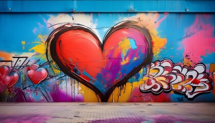 Wall Mural - vibrant street art mural featuring 3d heart graffiti explosive colors spray paint texture urban decay backdrop grungy yet romantic aesthetic powerful contrast