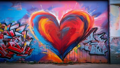 Wall Mural - vibrant street art mural featuring 3d heart graffiti explosive colors spray paint texture urban decay backdrop grungy yet romantic aesthetic powerful contrast