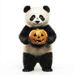 A cute panda is holding a Halloween pumpkin on a white background