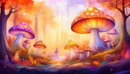 Wall Mural - whimsical autumn forest scene with oversized glowing mushrooms watercolor style with warm oranges an