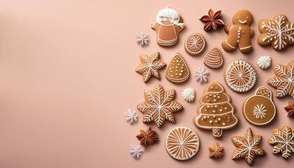 Wall Mural - whimsical gingerbread cookies artfully arranged on pastel background intricate icing details variety of festive shapes soft shadows adding depth negative space for copy