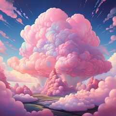 Wall Mural - whimsical landscape of giant cotton candy clouds pastel pink and lavender hues swirling together creating a dreamy and surreal confectionery skyscape