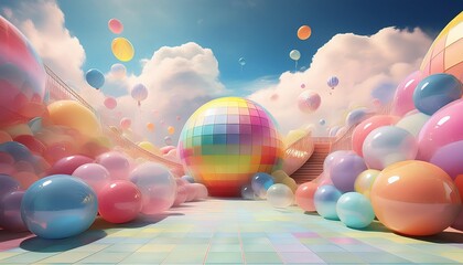 Wall Mural - whimsical playground filled with oversized translucent rainbowcolored balls of varying sizes floating in a dreamlike pastel sky with soft clouds