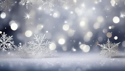 Wall Mural - white christmas abstract bokeh background with snowflake and silver glittering bokeh stars. festive 