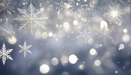 Wall Mural - White Christmas abstract bokeh background with snowflake and silver glittering bokeh stars. Festive Glowing blurred lights.