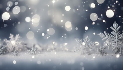 Wall Mural - White Christmas abstract bokeh background with snowflake and silver glittering bokeh stars. Festive Glowing blurred lights.