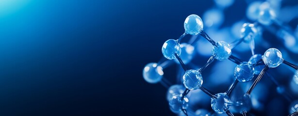 Wall Mural - in this wide banner image we have connected blue molecules or atoms, an abstract structure for medic