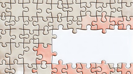 Jigsaw Puzzle with Missing Piece. An illustration of a jigsaw puzzle with one piece missing, revealing a blank space. The puzzle pieces are in neutral colors. The background is white, providing