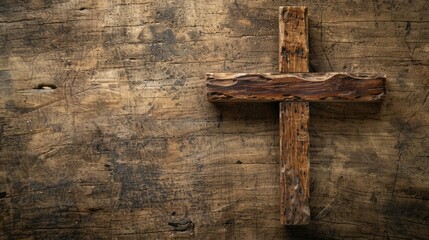 Christian wooden cross on textured background with space for text